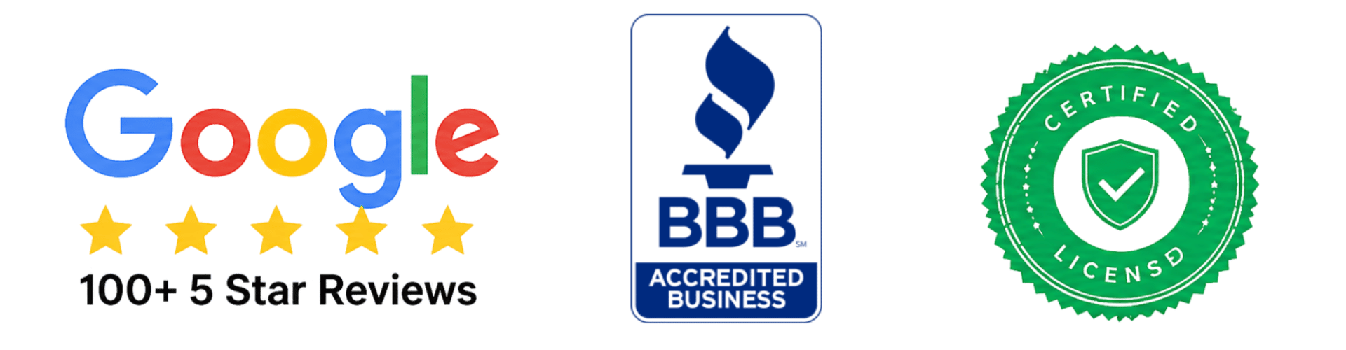 100+ 5 Star Google Reviews, BBB Accredited Business, Certified & Licensed