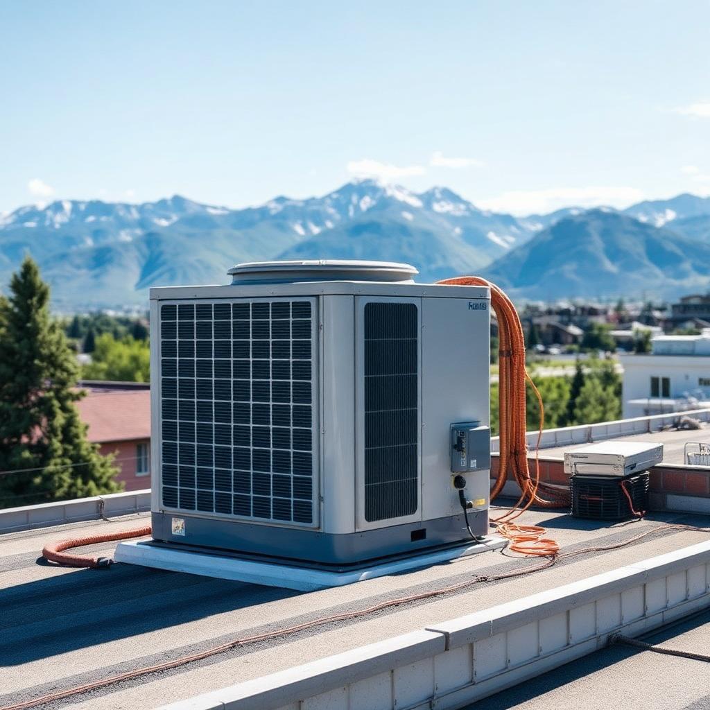 Outdoor AC condenser unit next to a Utah home in summer heat.
