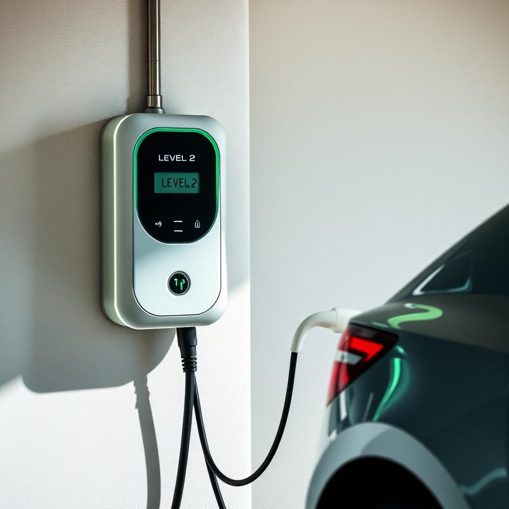 Level 2 EV charger mounted on a garage wall next to an electric vehicle.